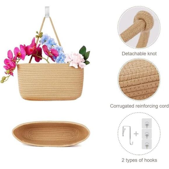 Over the Door Hanging Basket, 3-Tier Woven Cotton Wall-Mounted Storage Organizer - Picture 4 of 7